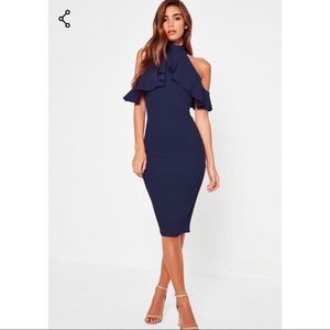 Navy Frill Overlay High Neck Midi Bodycon Dress